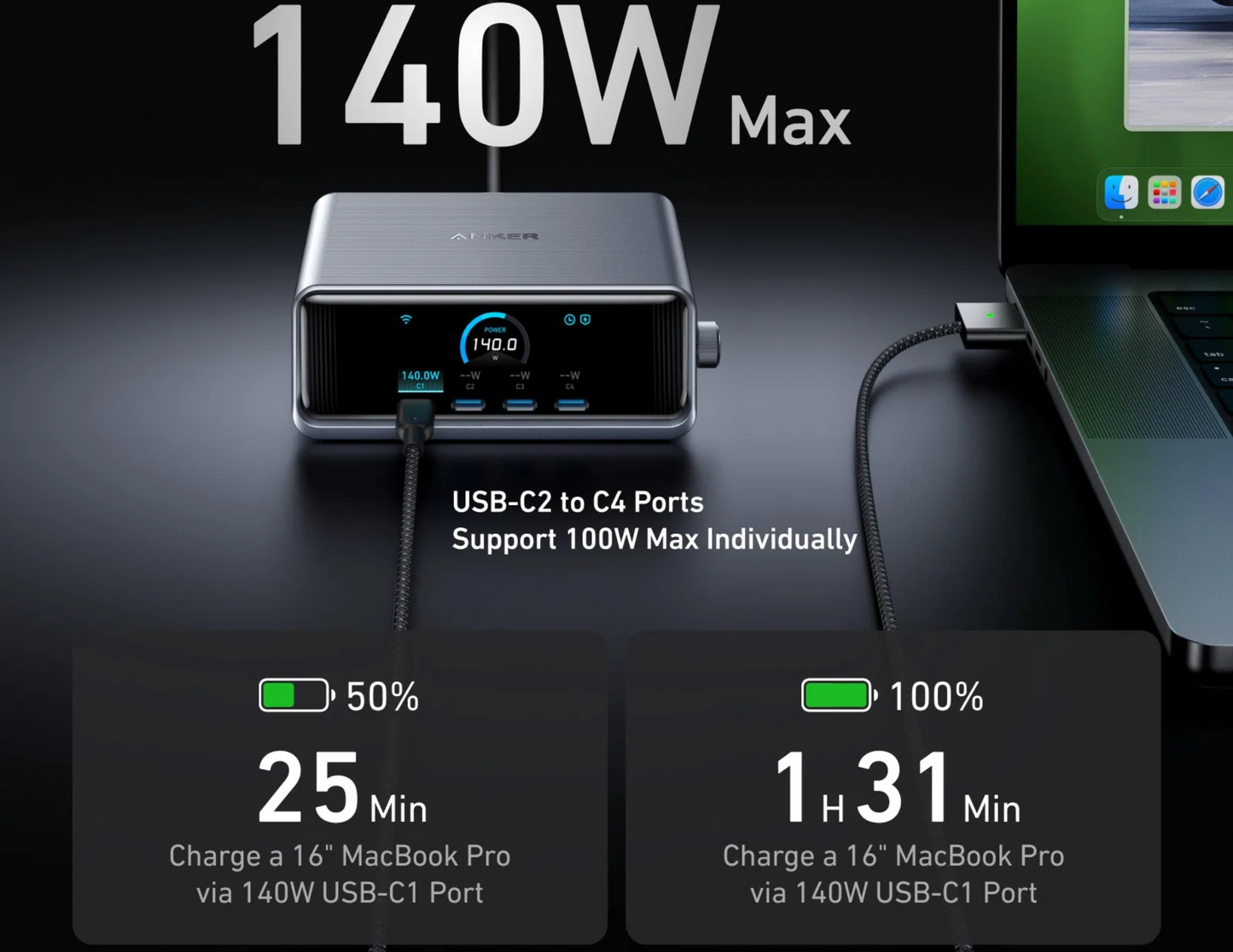 Anker Prime Charger A2345241 charging a MacBook Pro with ultra-fast 140W.