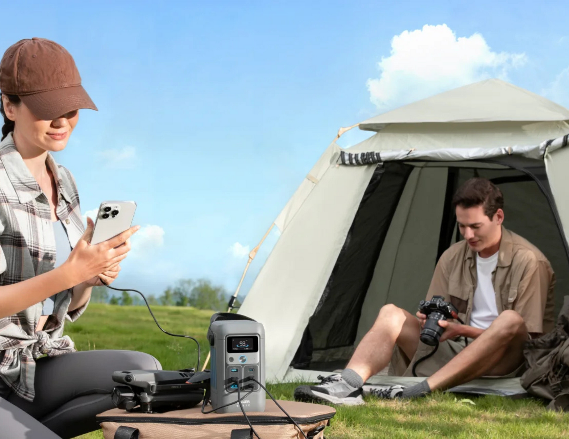 Anker SOLIX C200 DC A17270Z1 charging devices during a camping trip.