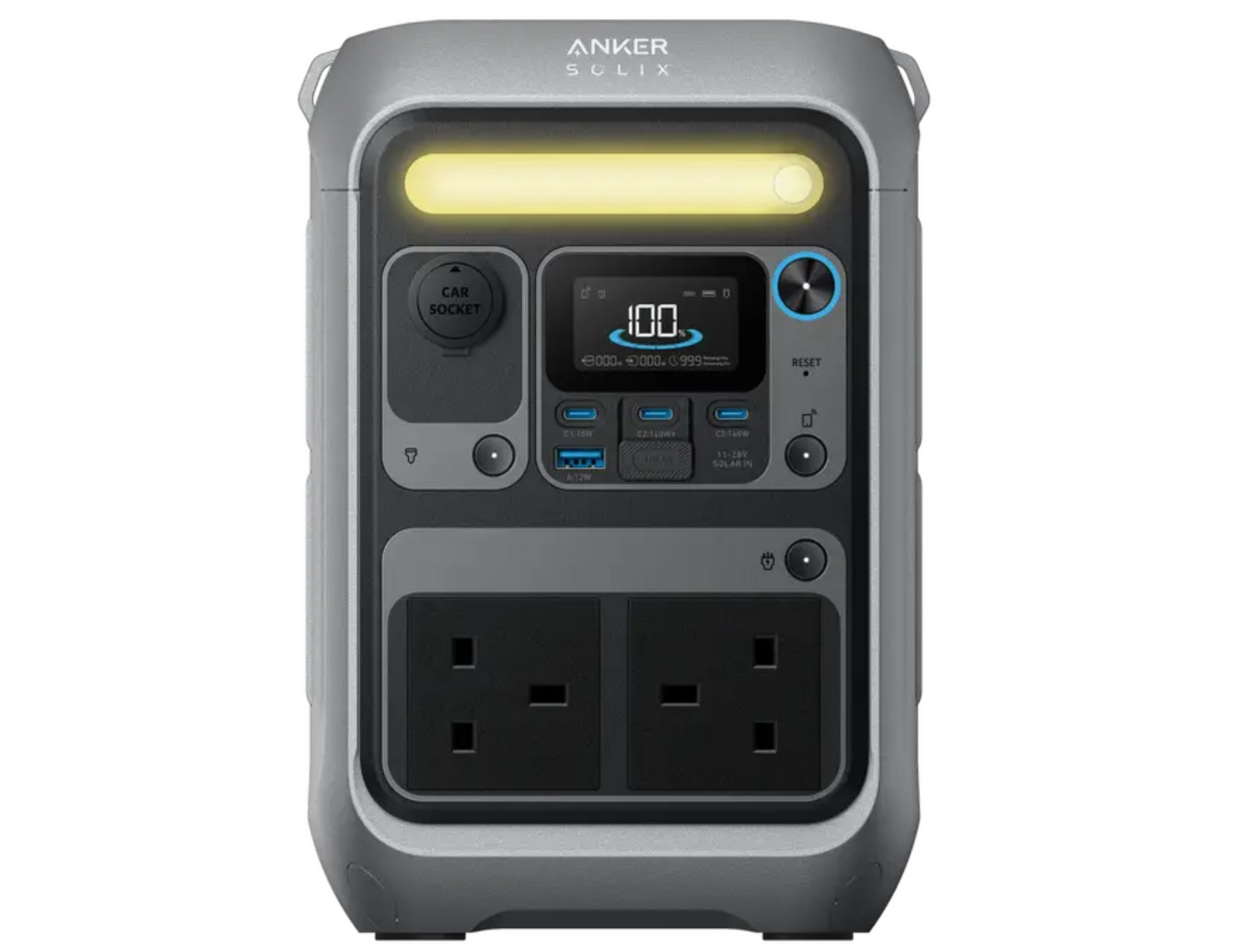 Close-up of the Anker SOLIX C300 Portable Power Station’s USB-C and AC ports for versatile charging.