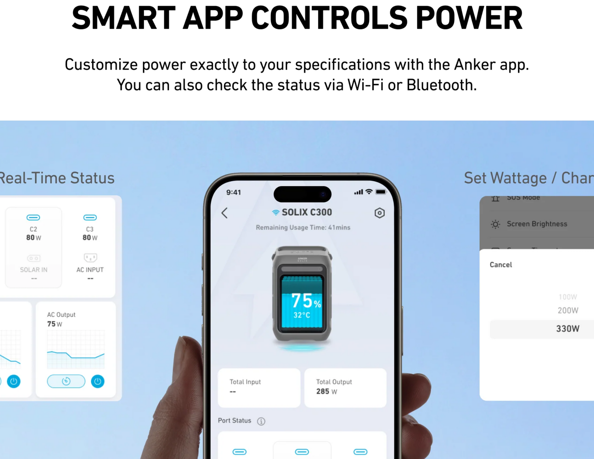 Anker SOLIX C300 Portable Power Station’s smart app control via Bluetooth or Wi-Fi for customization.