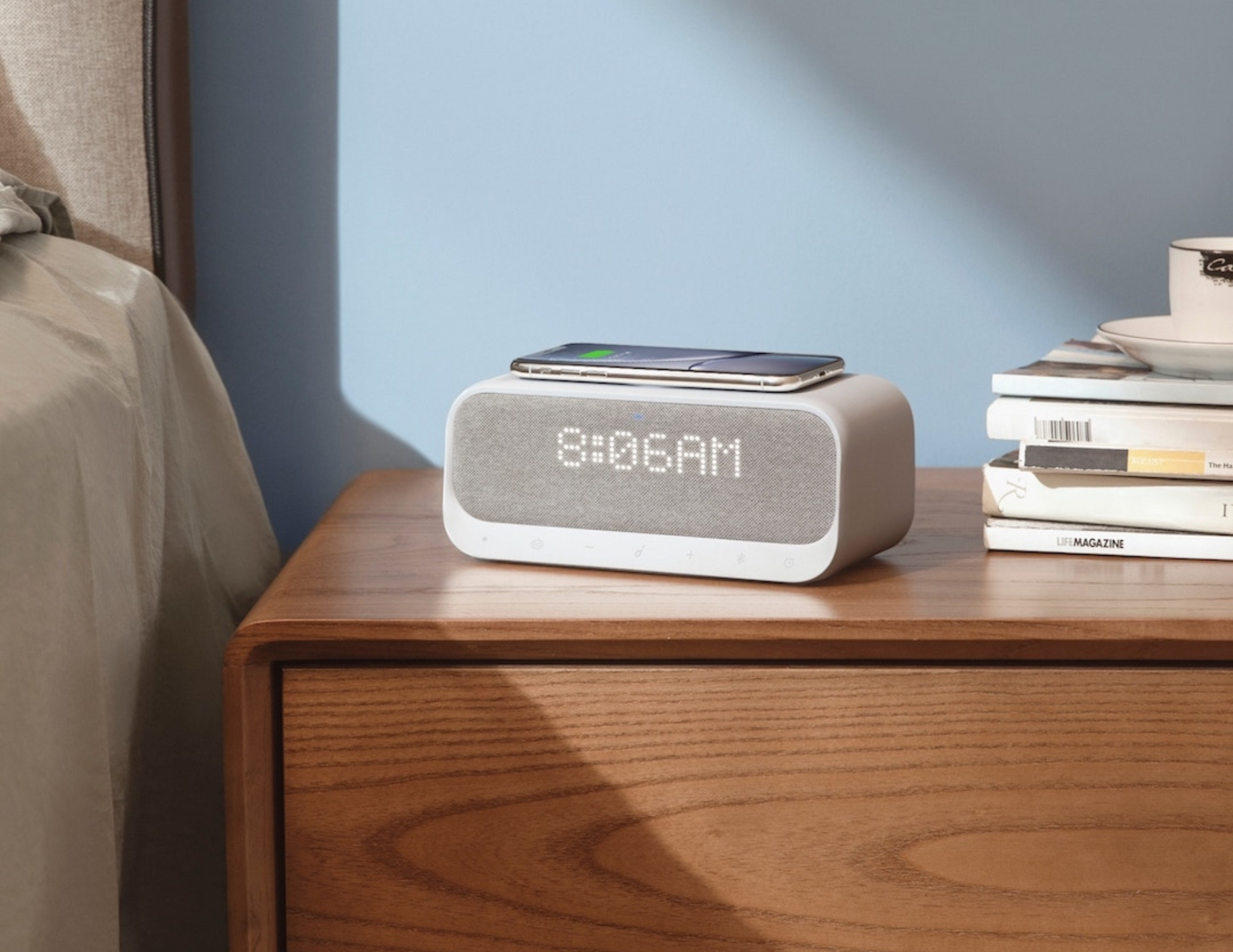 Anker SoundCore Wakey (A3300221) on a nightstand playing music.