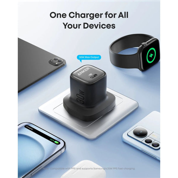 Anker Zolo 30W compact USB-C GaN charger in black with fast charging and temperature management for Qatar