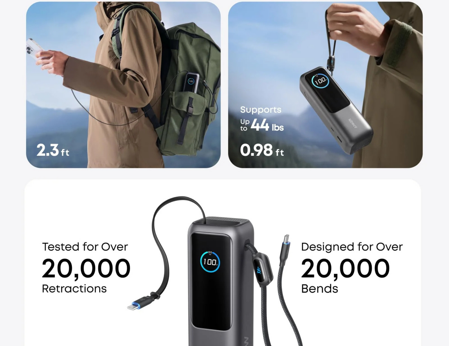 Anker Zolo Power Bank A1695H11’s durable USB-C cable acting as a carrying strap.