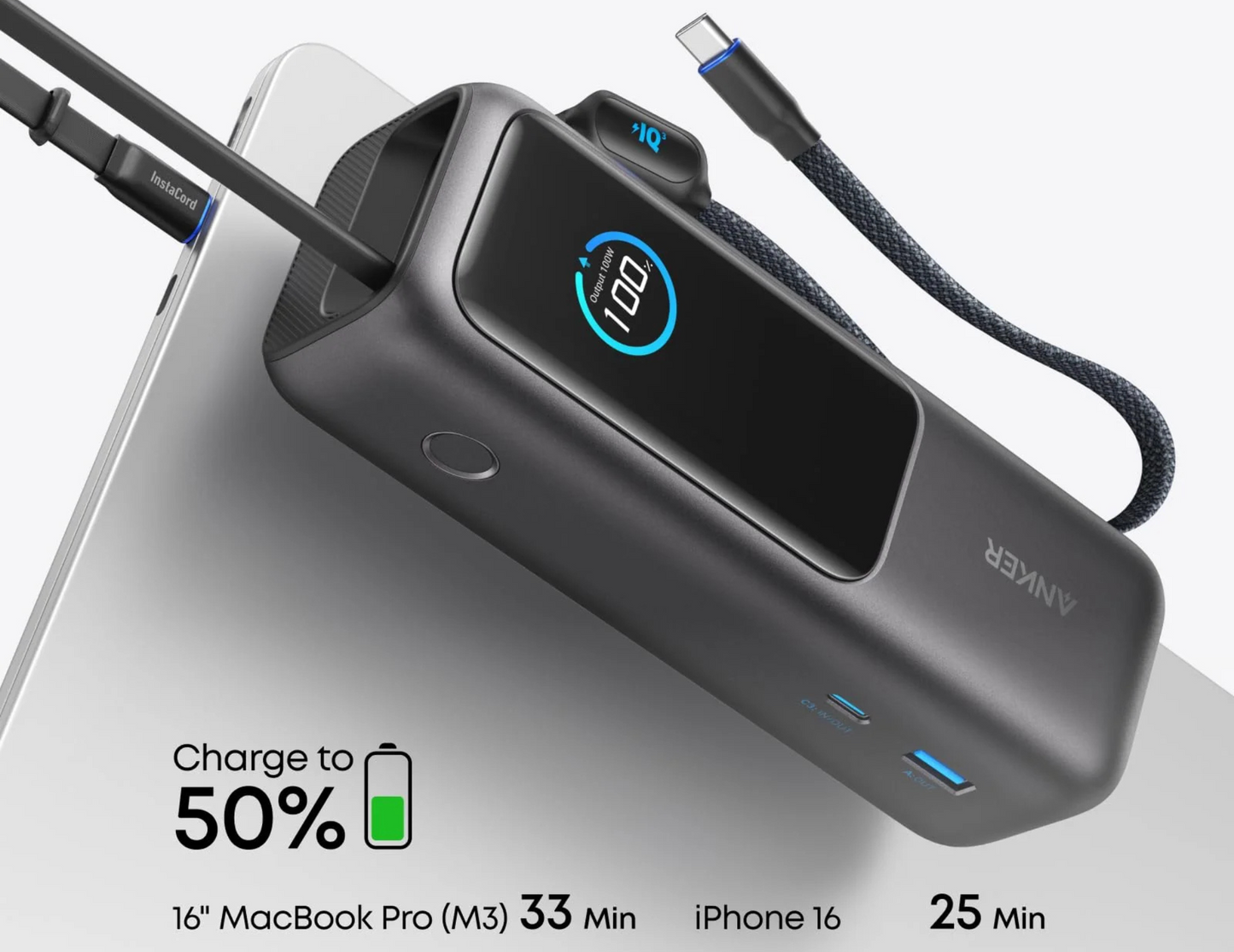 Anker Zolo Power Bank A1695H11’s fast charging capability for laptops and smartphones.