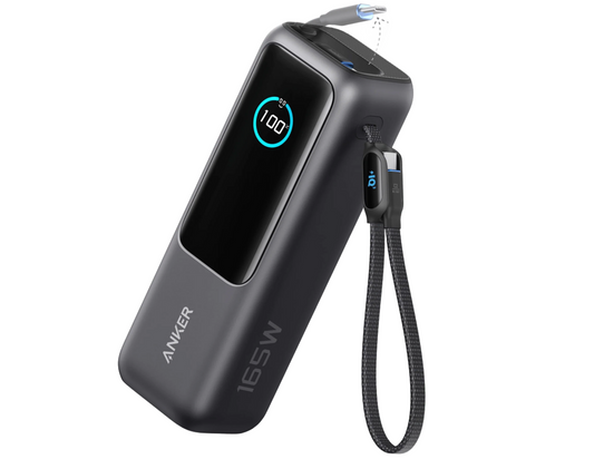 Front view of the Anker Zolo Power Bank A1695H11 showing its compact design and built-in cables.