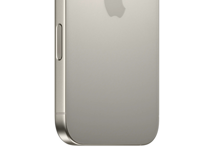 Action Button on the iPhone 16 Pro natural titanium for quick access to customizable features.