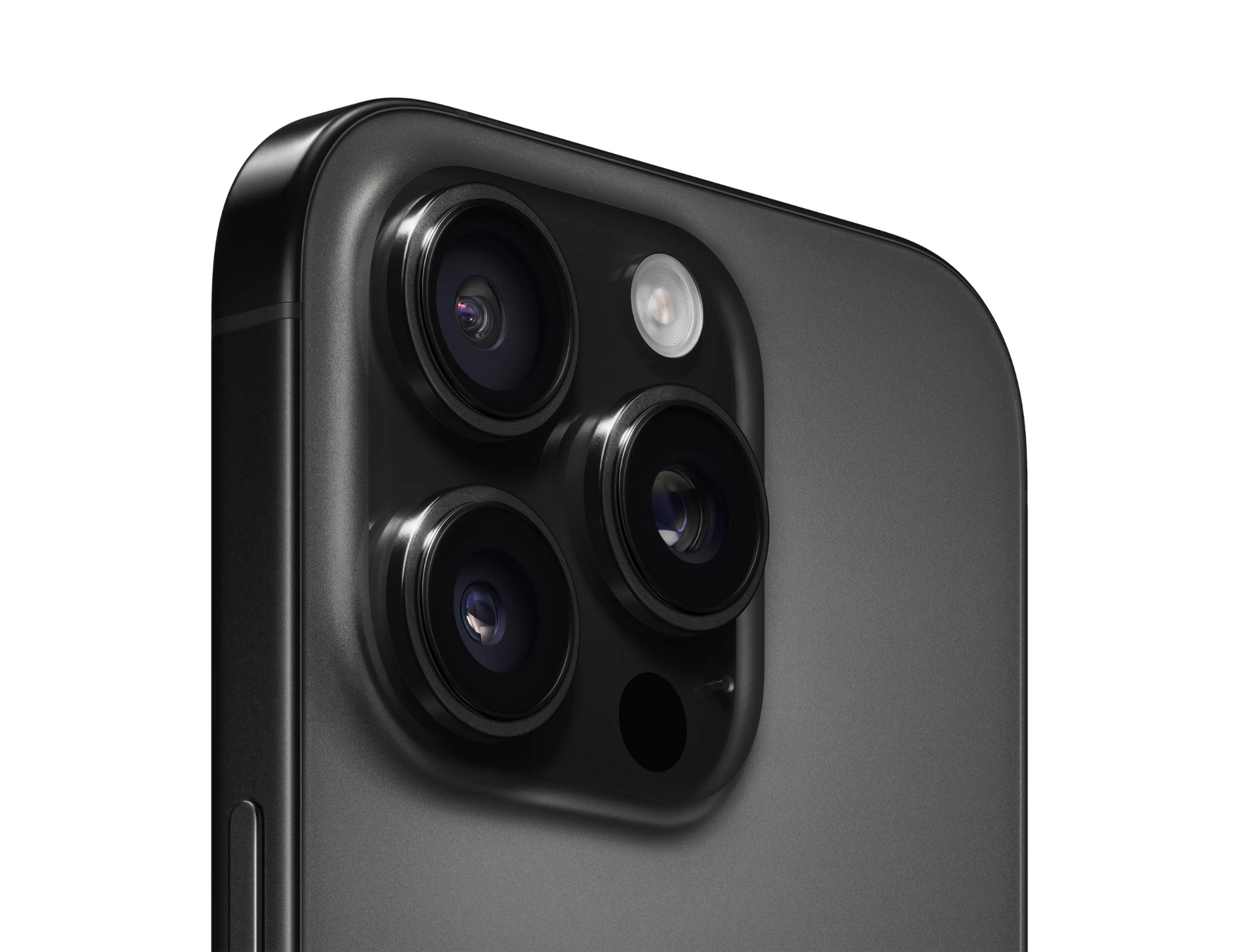 Camera setup of the iPhone 16 Pro black titanium showing the 48MP pro camera system.