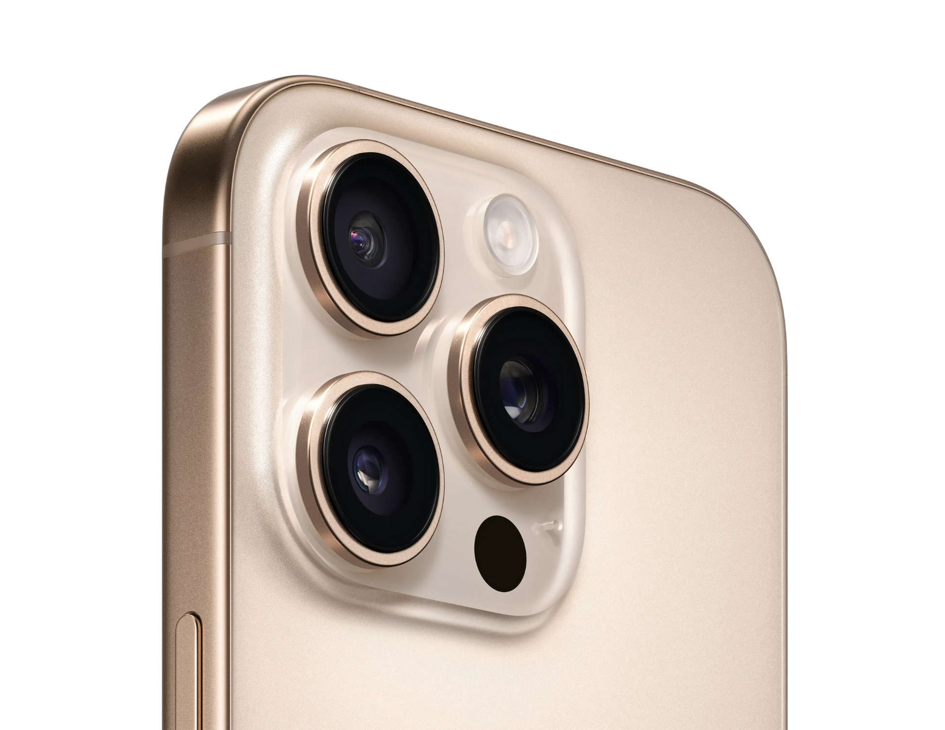 Camera setup of the iPhone 16 Pro desert titanium showing the 48MP pro camera system.