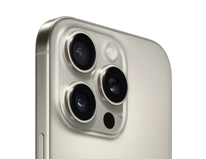 Camera setup of the iPhone 16 Pro natural titanium showing the 48MP pro camera system.