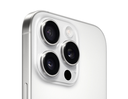 Camera setup of the iPhone 16 Pro white titanium showing the 48MP pro camera system.