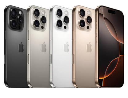 Front and back view of all 4 titanium color options of the iPhone 16 Pro.