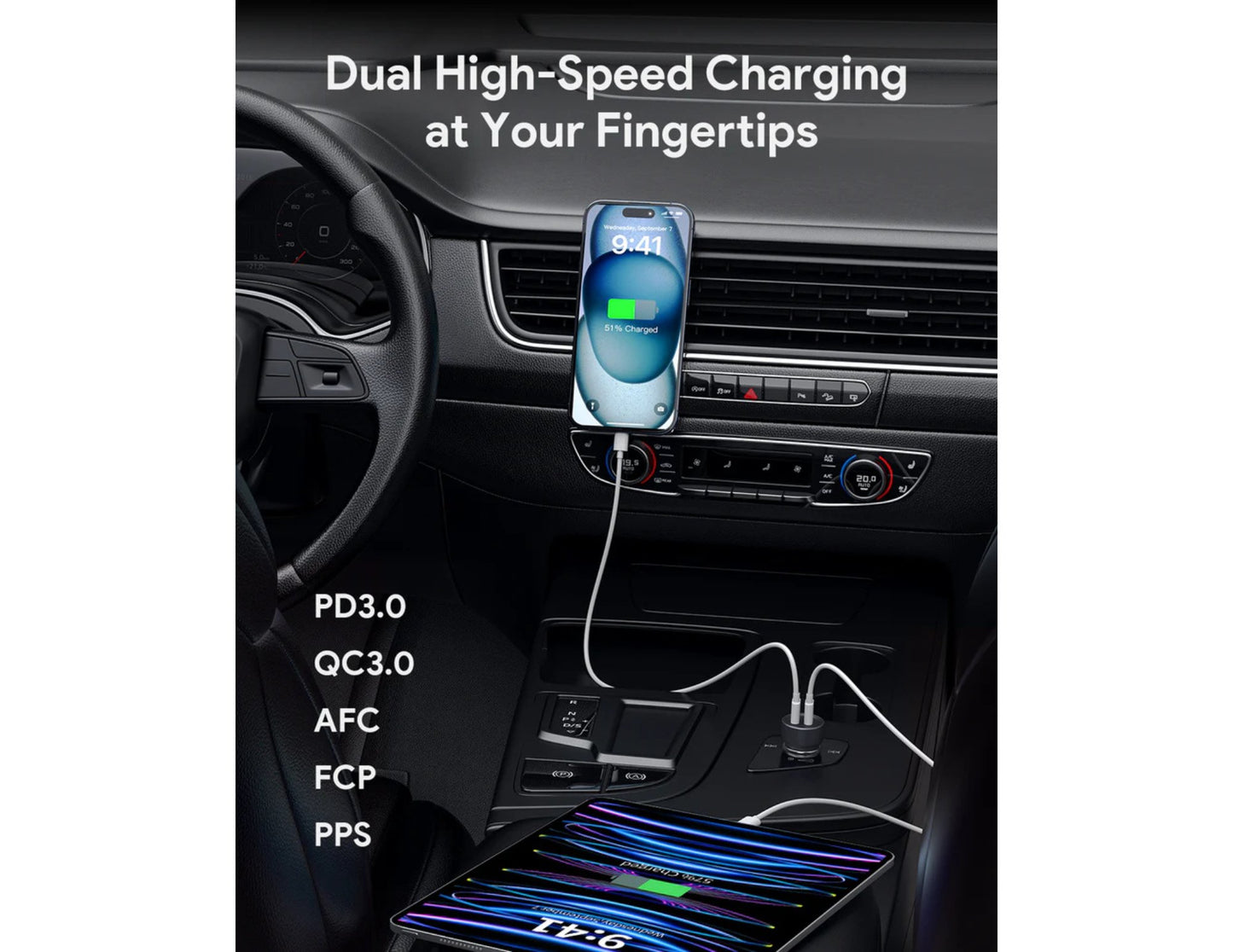Aukey Enduro CC-Y23 65W dual USB-C PD car charger black alloy casing at Thabthaba Store Qatar.