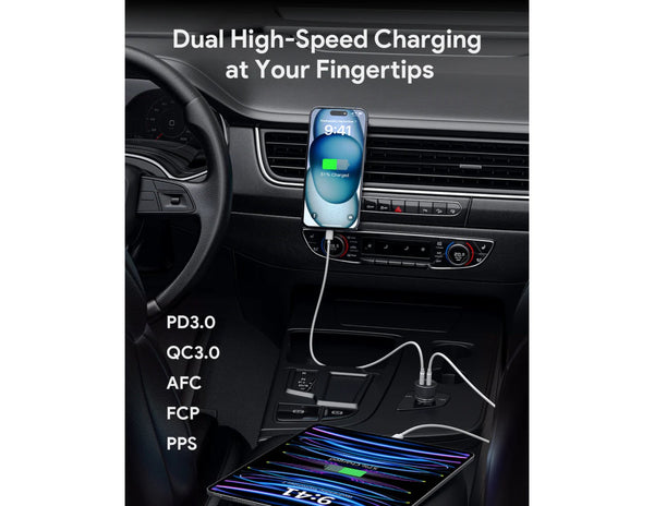 Aukey Enduro CC-Y23 65W dual USB-C PD car charger black alloy casing at Thabthaba Store Qatar.