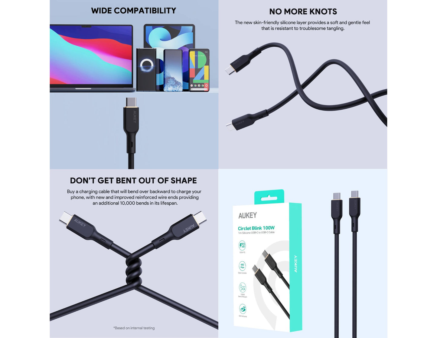 Aukey Circlet Blink CB-SCC101 100W 1m silicone USB-C cable for fast charging at Thabthaba Store Qatar.
