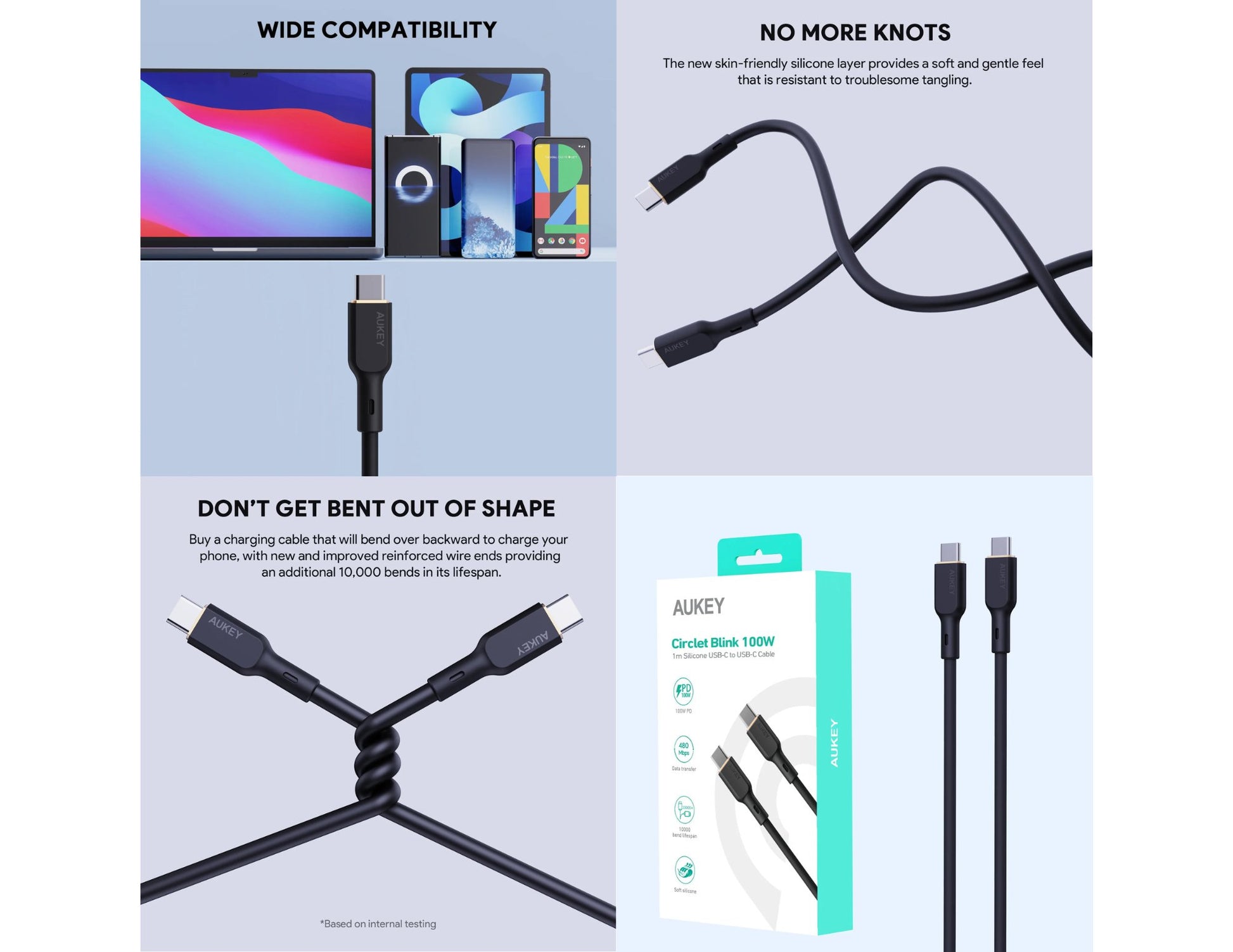 Aukey Circlet Blink CB-SCC101 100W 1m silicone USB-C cable for fast charging at Thabthaba Store Qatar.