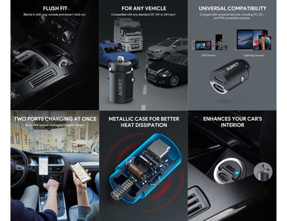 Aukey Enduro Nano CC-A4 30W dual USB-C PD car charger black at Thabthaba Store Qatar.