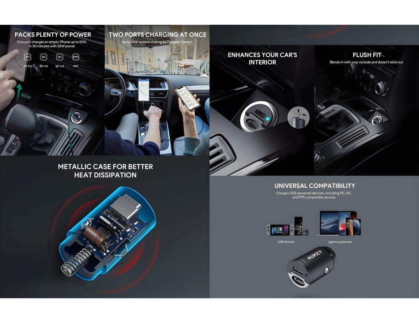Aukey Enduro Nano CC-A4 30W dual USB-C PD car charger black at Thabthaba Store Qatar.