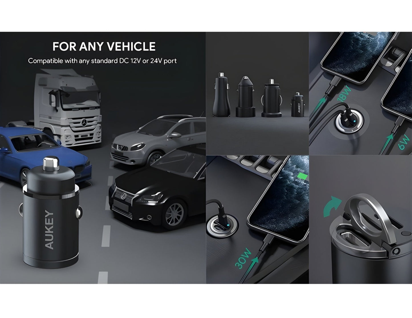 Aukey Enduro Nano CC-A4 30W dual USB-C PD car charger black at Thabthaba Store Qatar.