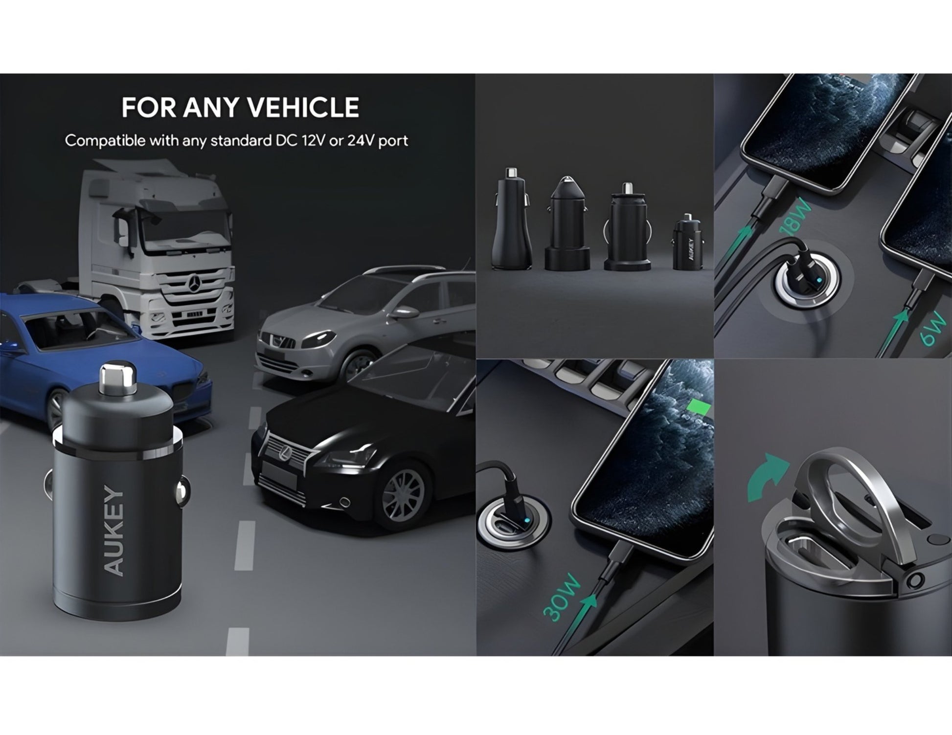Aukey Enduro Nano CC-A4 30W dual USB-C PD car charger black at Thabthaba Store Qatar.