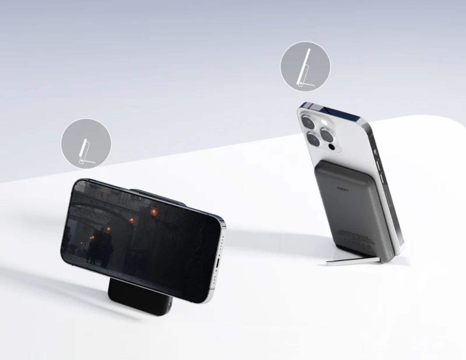 Aukey MagLink PB‑MS01 6700mAh MagSafe magnetic wireless charging power bank with foldable stand gray