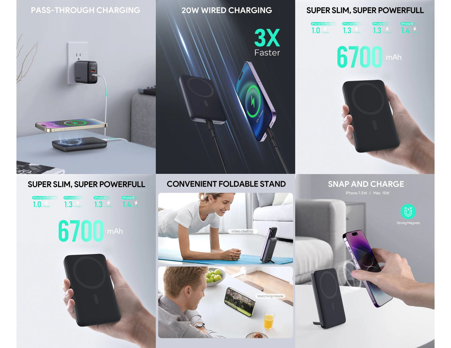 Aukey MagLink PB‑MS01 6700mAh MagSafe magnetic wireless charging power bank with foldable stand gray