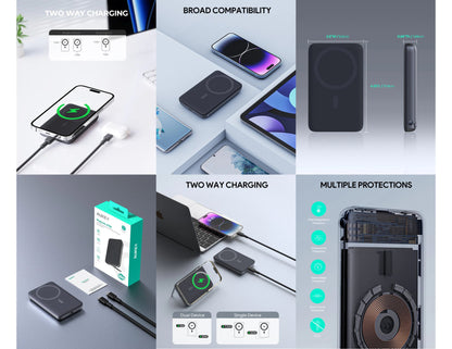 Aukey MagLink PB‑MS01 6700mAh MagSafe magnetic wireless charging power bank with foldable stand gray