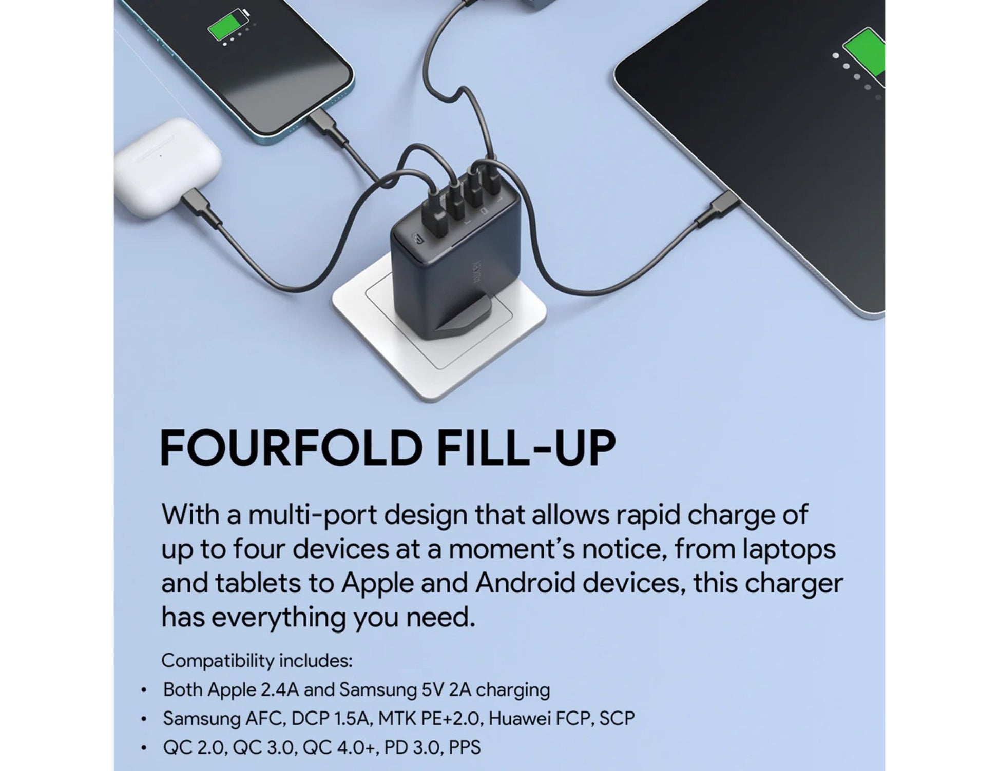 Aukey Omnia II Mix S 100W 4-Port GaN PD wall charger PA-B7S black at Thabthaba Store Qatar.