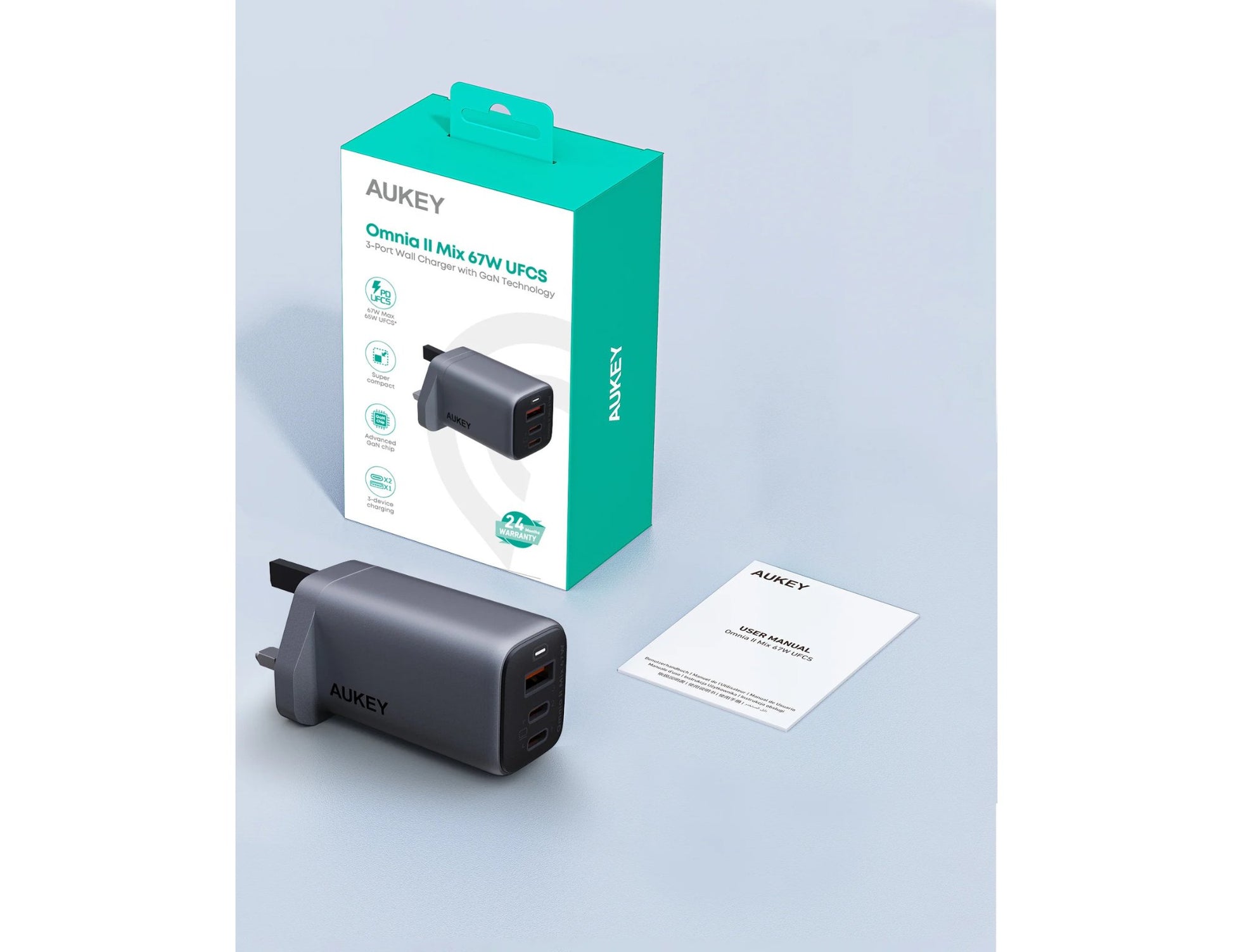 Aukey PA-B6U Omnia II 67W 3-port GaN charger at Thabthaba Store Qatar.