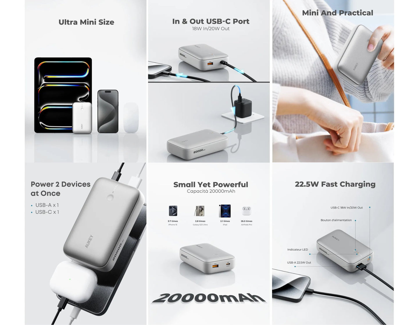 Aukey Spark Mini PB-Y57 20000mAh compact fast charging power bank white at Thabthaba Store Qatar.