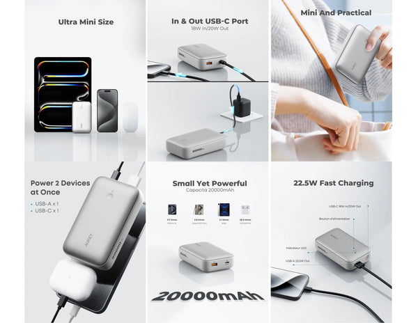 Aukey Spark Mini PB-Y57 20000mAh compact fast charging power bank white at Thabthaba Store Qatar.