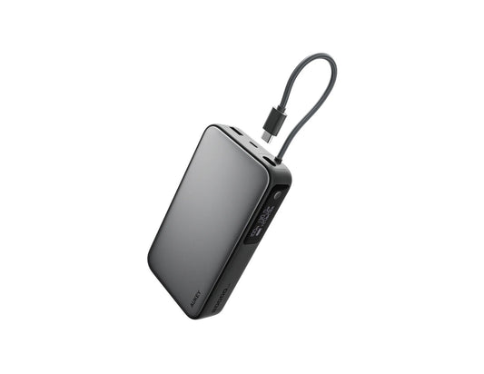 Aukey Spark Sling 20000mAh PB-Y48 gray power bank with built-in USB-C cable and smart display at Thabthaba Store Qatar.