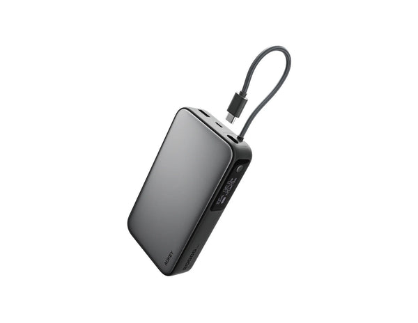 Aukey Spark Sling 20000mAh PB-Y48 gray power bank with built-in USB-C cable and smart display at Thabthaba Store Qatar.