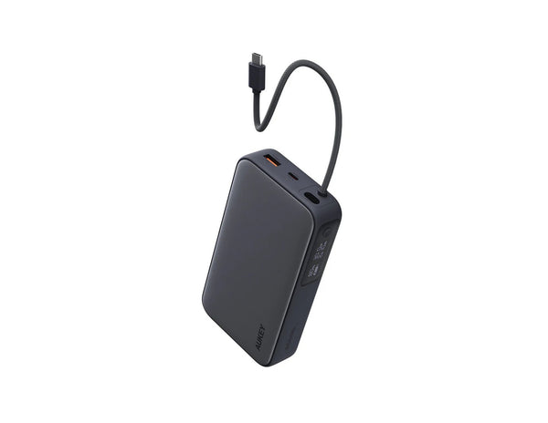 Aukey Spark Sling 20000mAh PB-Y48 gray power bank with built-in USB-C cable and smart display at Thabthaba Store Qatar.