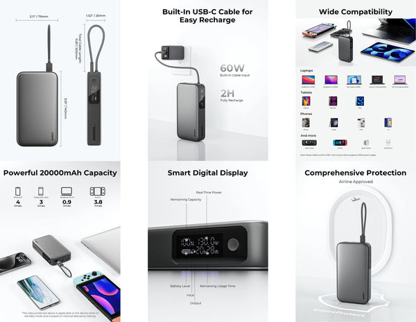 Aukey Spark Sling 20000mAh PB-Y48 gray power bank with built-in USB-C cable and smart display at Thabthaba Store Qatar.