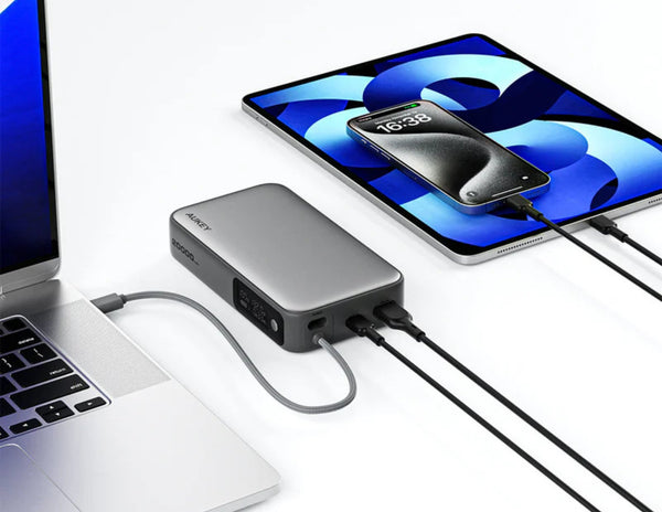 Aukey Spark Sling 20000mAh PB-Y48 gray power bank with built-in USB-C cable and smart display at Thabthaba Store Qatar.