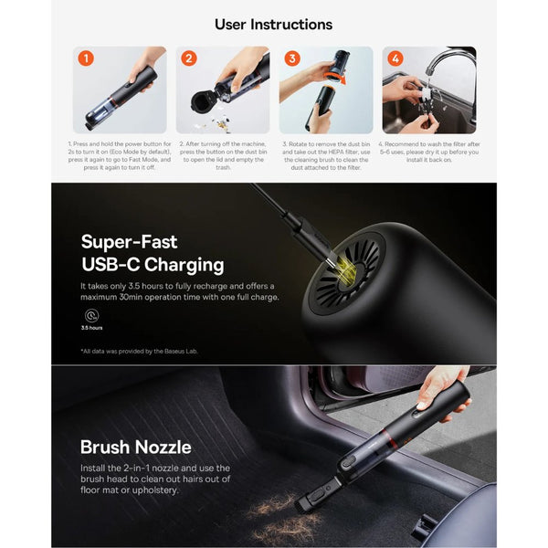 Baseus A5 16000Pa cordless car vacuum cleaner with LED display Black Qatar