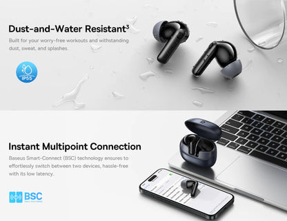 Baseus Bass BP1 Pro in-ear TWS earbuds with ANC, 6-mic AI calls, and Hi-Res LDAC, model A0010504/A0010505, at Thabthaba Store Qatar