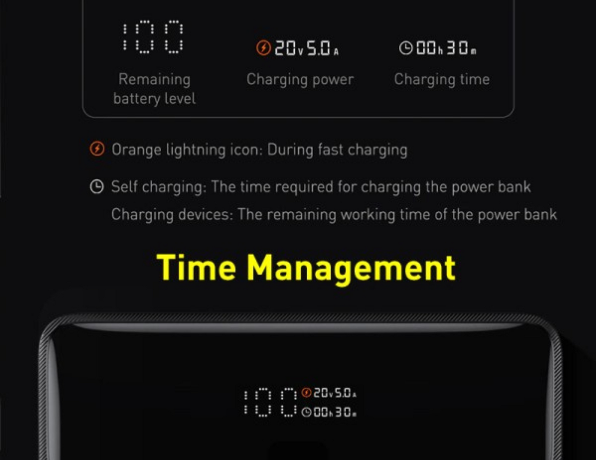 Close-up of the digital display on the Baseus Blade Power Bank showing battery status.