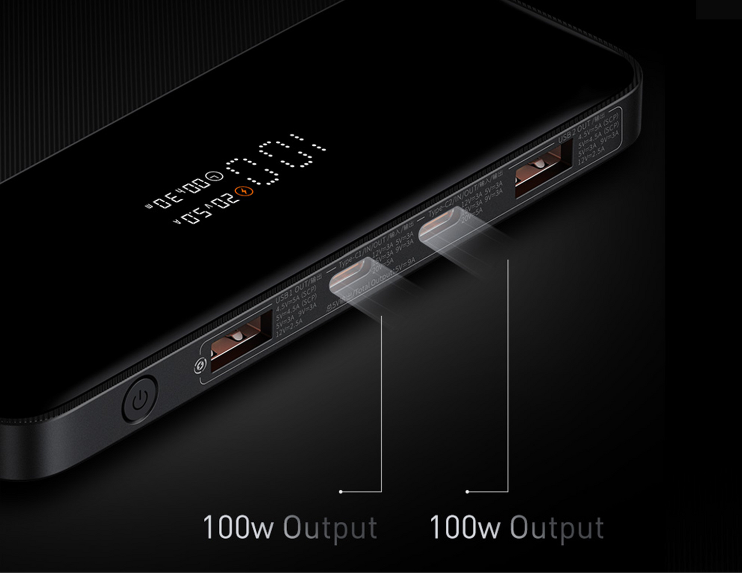 Baseus Blade Power Bank with a wide view showing its thin profile and digital screen.