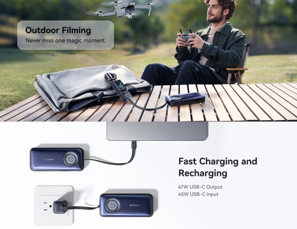 Baseus EnerCore CR11 power bank 20000mAh 67W E0027H00 with retractable USB-C cable, digital display at Thabthaba Store Qatar