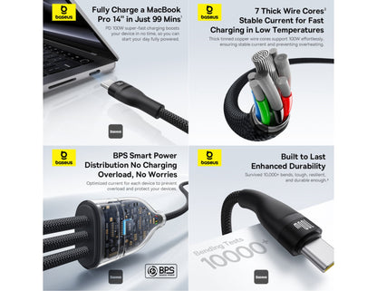 Baseus Flash Series 3 100W Type-C to C+C+C fast charging cable, 1.5M nylon braided, P10377503111-00, at Thabthaba Store Qatar