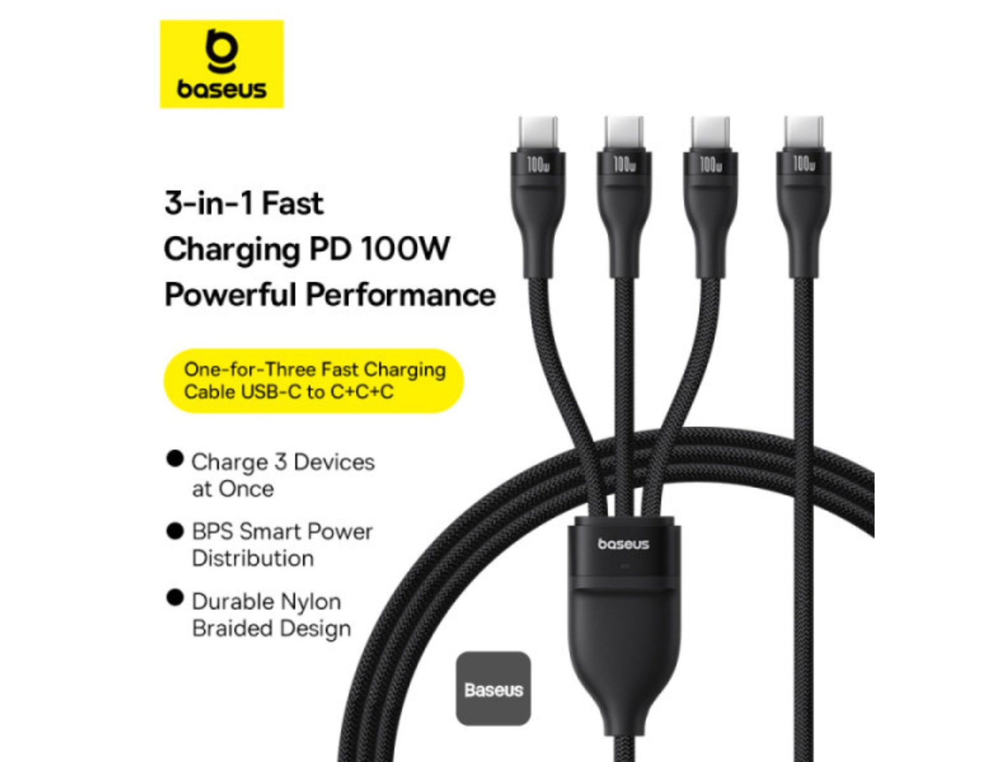 Baseus Flash Series 3 100W Type-C to C+C+C fast charging cable, 1.5M nylon braided, P10377503111-00, at Thabthaba Store Qatar