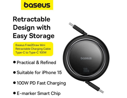 Baseus Free2Draw Mini Retractable Charging Cable 100W USB-C to USB-C Black Qatar