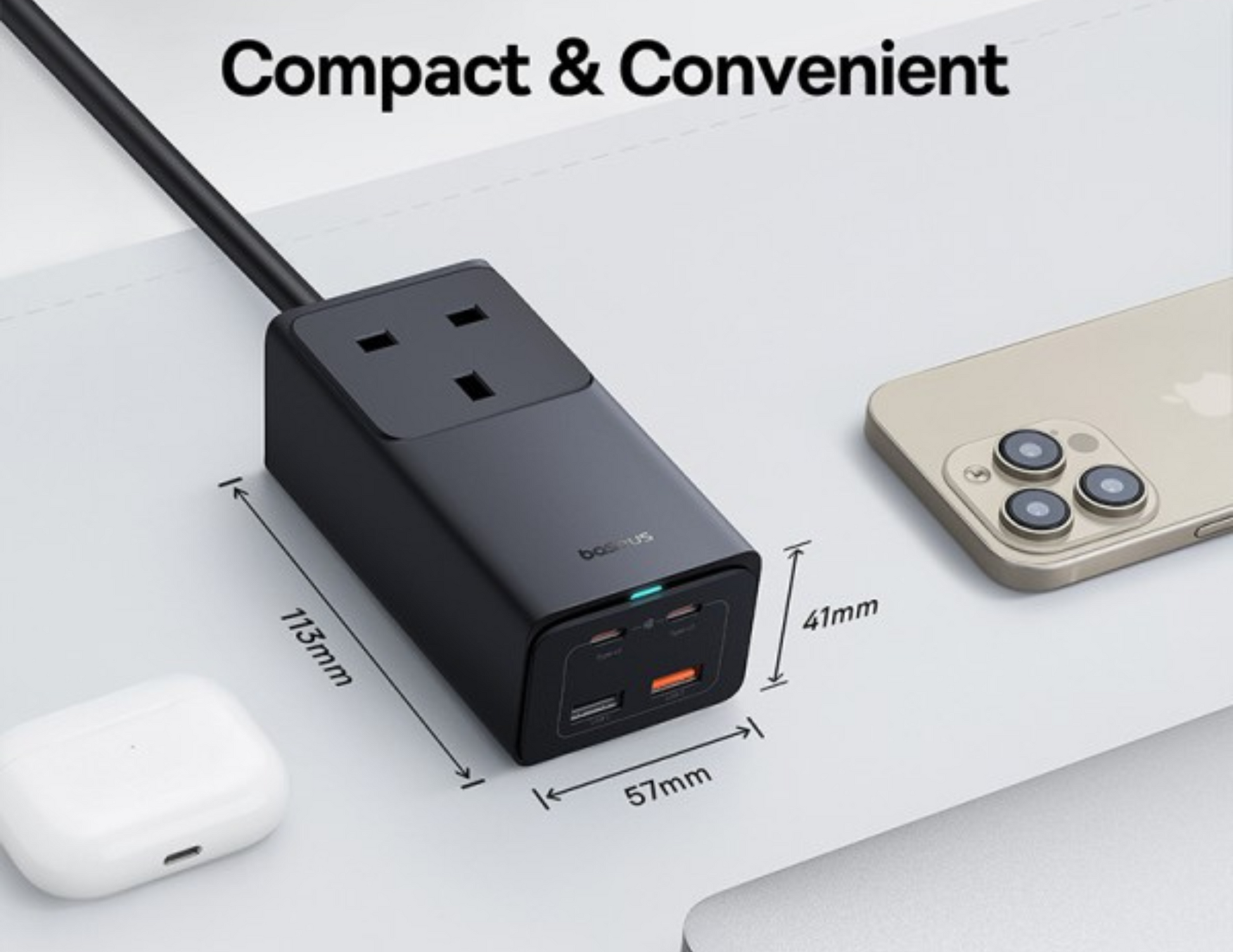 Baseus GaN5 Pro Power Strip with a compact design, optimized for travel.