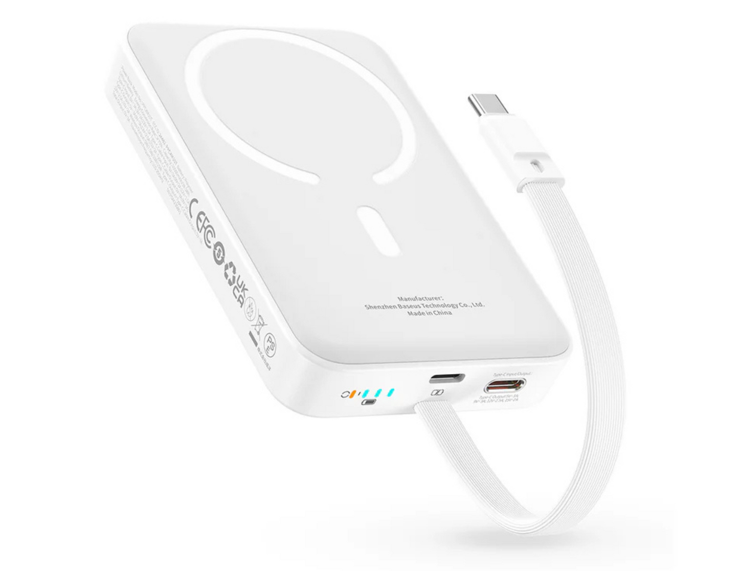 Baseus Magnetic Power Bank with USB-C cable for wired charging.