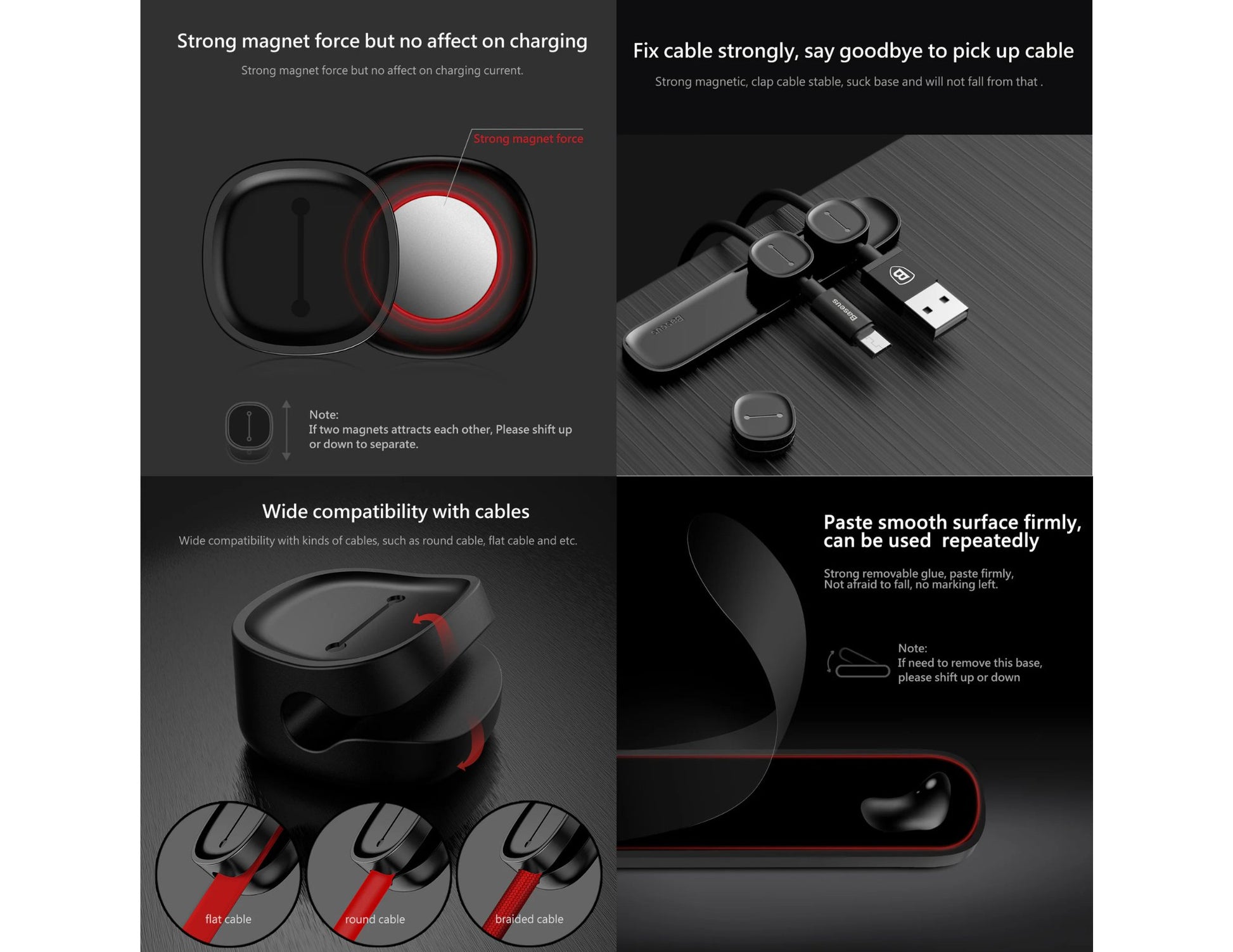 Baseus Peas magnetic cable organizer ACWDJ-01 black, 3-clip desk wire holder, at Thabthaba Store Qatar