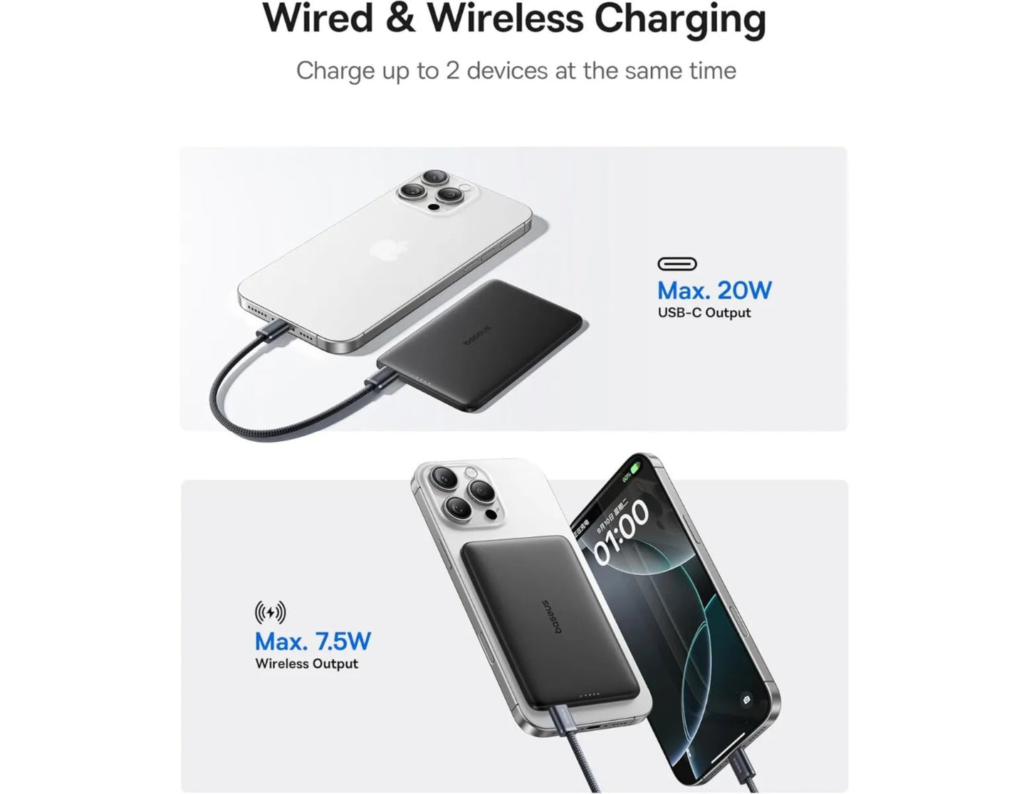 Baseus PicoGo AM41 Ultra-Slim Magnetic Power Bank 5000mAh 20W MagSafe LED display with USB-C 60W 30cm cable Cosmic Black model P1007680C123-00 Qatar