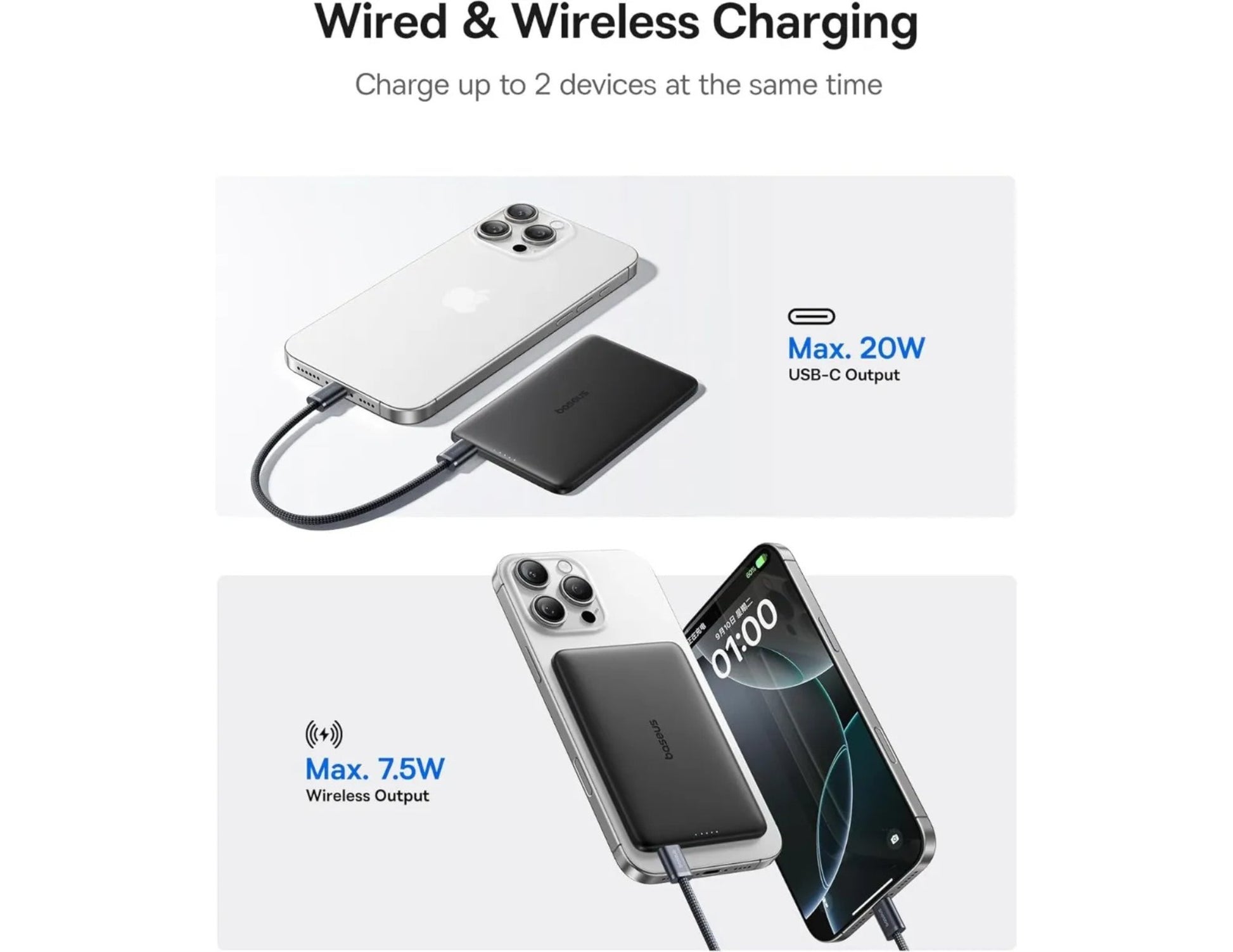 Baseus PicoGo AM41 Ultra-Slim Magnetic Power Bank 5000mAh 20W MagSafe LED display with USB-C 60W 30cm cable Cosmic Black model P1007680C123-00 Qatar