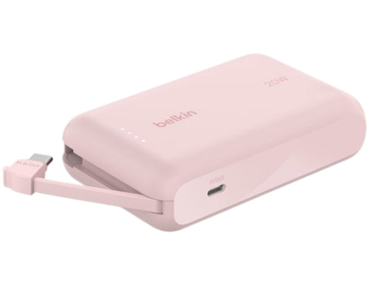Pink Belkin BoostCharge BPB021hq 10K 20W power bank with USB-C cable from Thabthaba Store on a white background