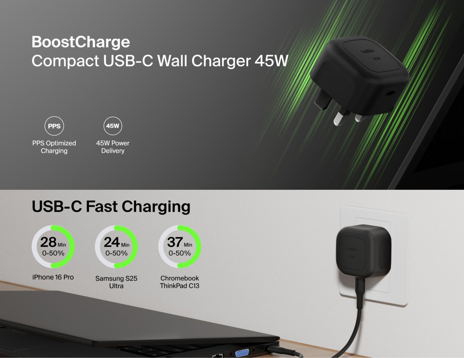 Belkin BoostCharge Compact USB-C Wall Charger 45W foldable plug black WCA013myBK Qatar
